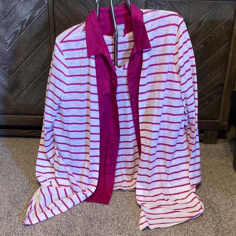 New Chico's ultra violet Striped Tank w/matching cardigan, & violet button up